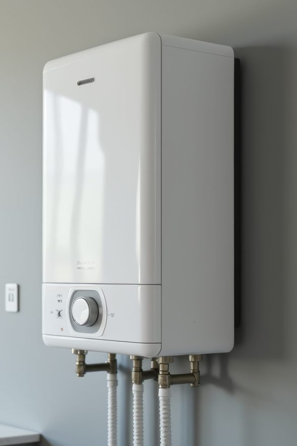 Modern home gas boiler, water heater placed in apartment. White modern home gas copper mounted on a grey wall on a kitchen. Water heater. Water heating, ecology.